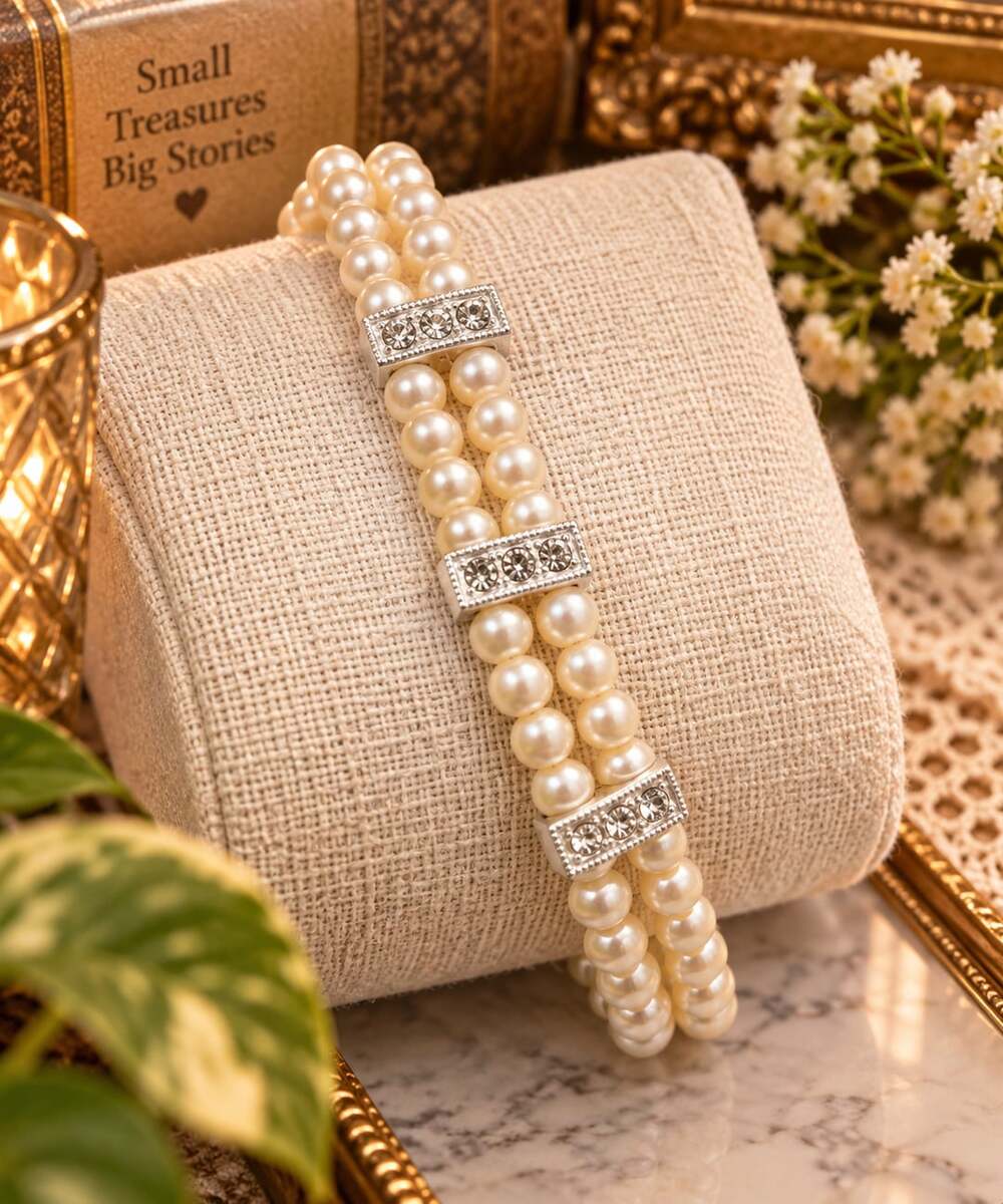 Vtg Napier Two Strand Faux Pearl Rhinestone Bar Silver Tone Bracelet Bridal 7”